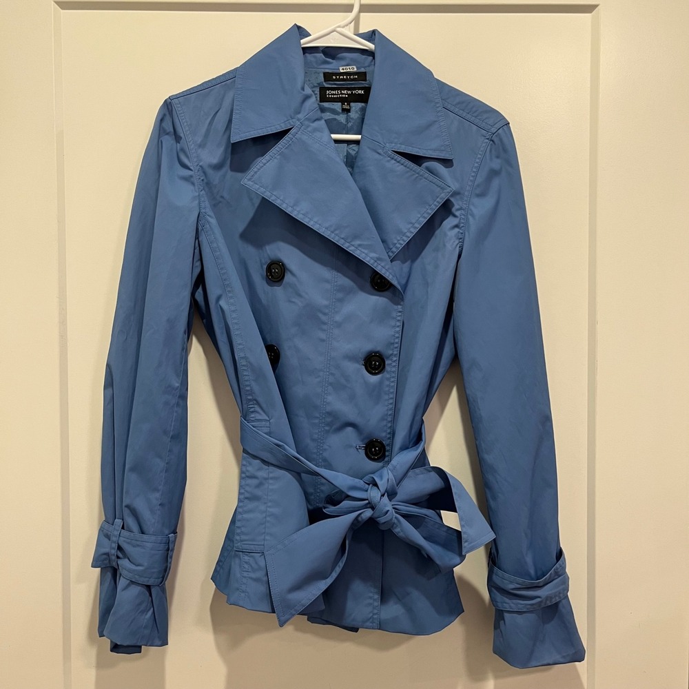 Jones New York Collection Womens Blue Double Breasted Belted Trench Coat Small